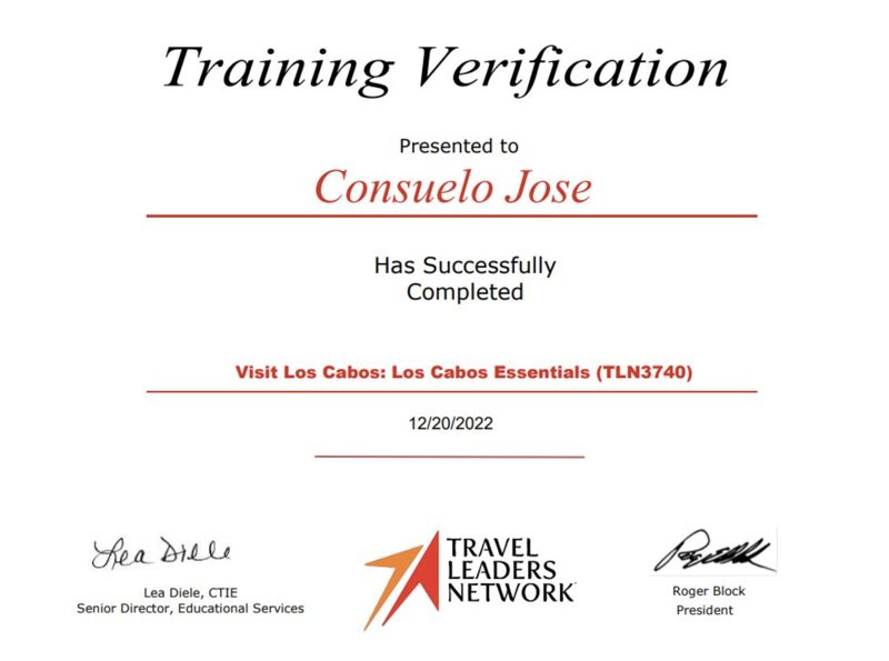 Verificación de capacitación Los Cabos Essentials de Consuelo José