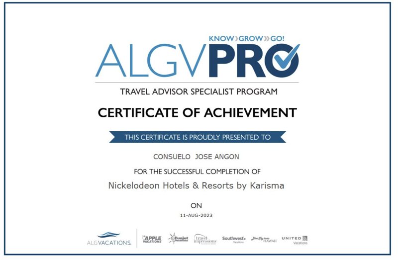 Certificado Nickelodeon Hotels and Resorts by Karisma de Consuelo José