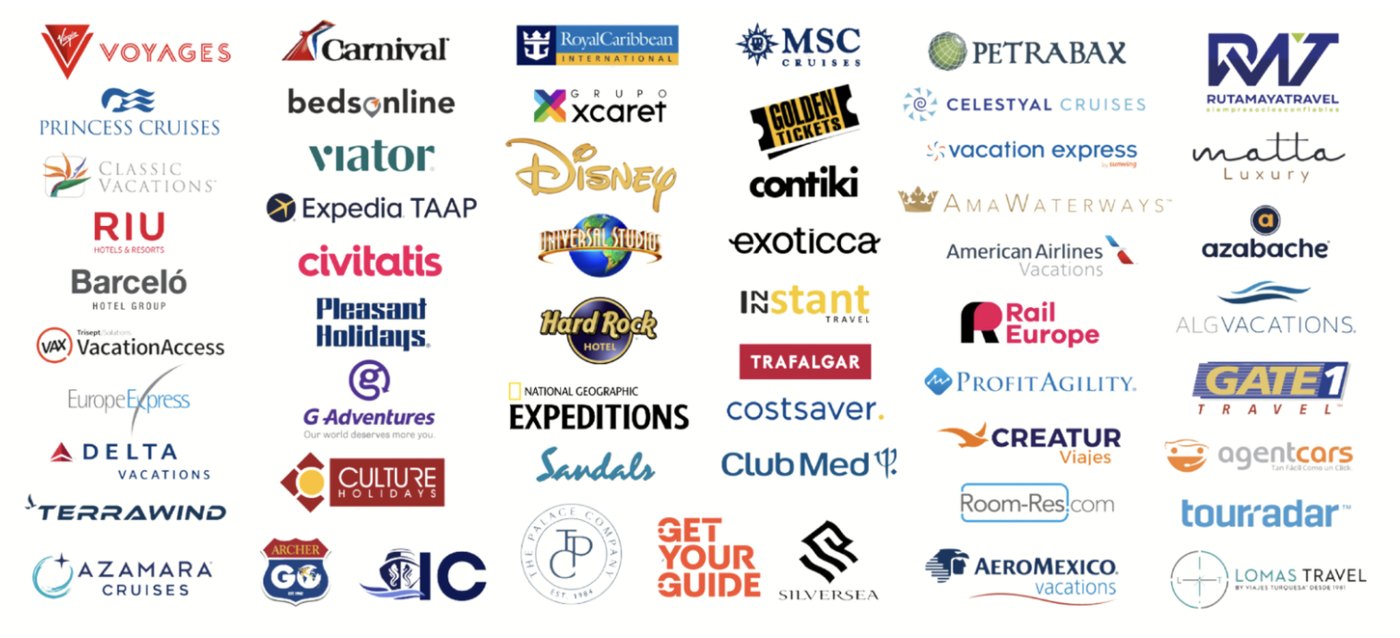 Logos de proveedores: Royal Caribbean, Carnival, MSC, Princess, Disney, Universal, Grupo Xcaret, Expedia TAAP, Bedsonline, Exoticca, Trafalgar, G Adventures, Club Med, Sandals, Riu, Barceló, AeroMéxico Vacations y más