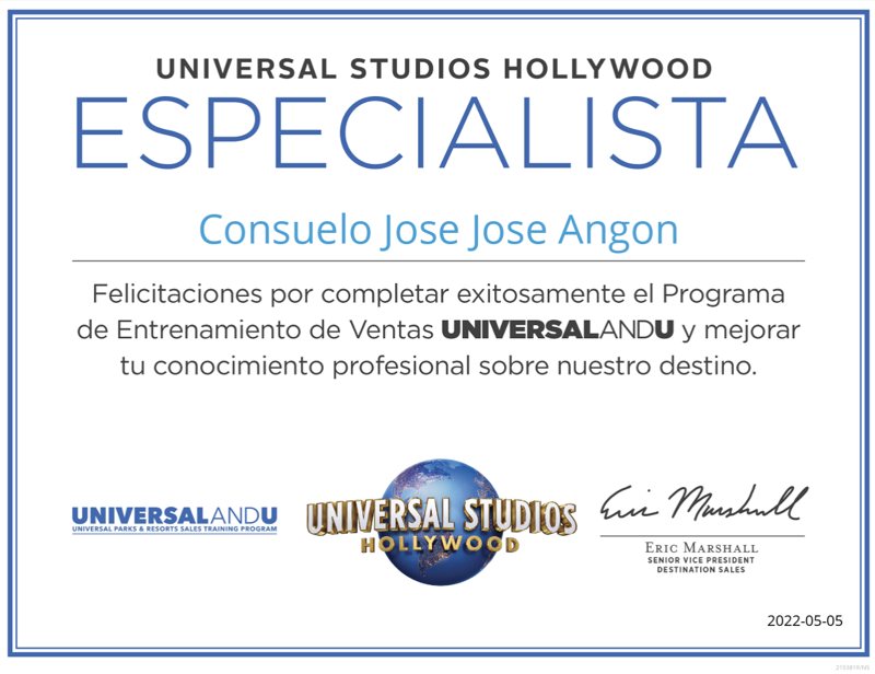 Certificado Especialista Universal Studios Hollywood de Consuelo José