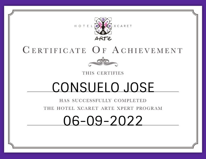 Certificado Hotel Xcaret Arte Xpert Program de Consuelo José